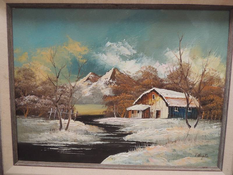 lot 98 image: Chaplain, T.    1979 original oil certified #30989 Winter Barn mountain F 19x23  A 12x16