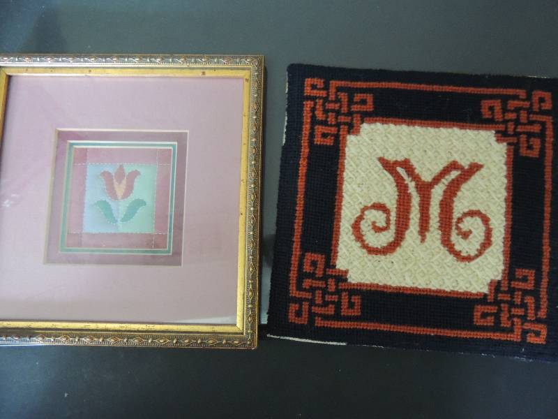 lot 118 image: 2 pieces Needlepoint M unframed  and Woodroan Quilter Tulip 7 12x 7 12