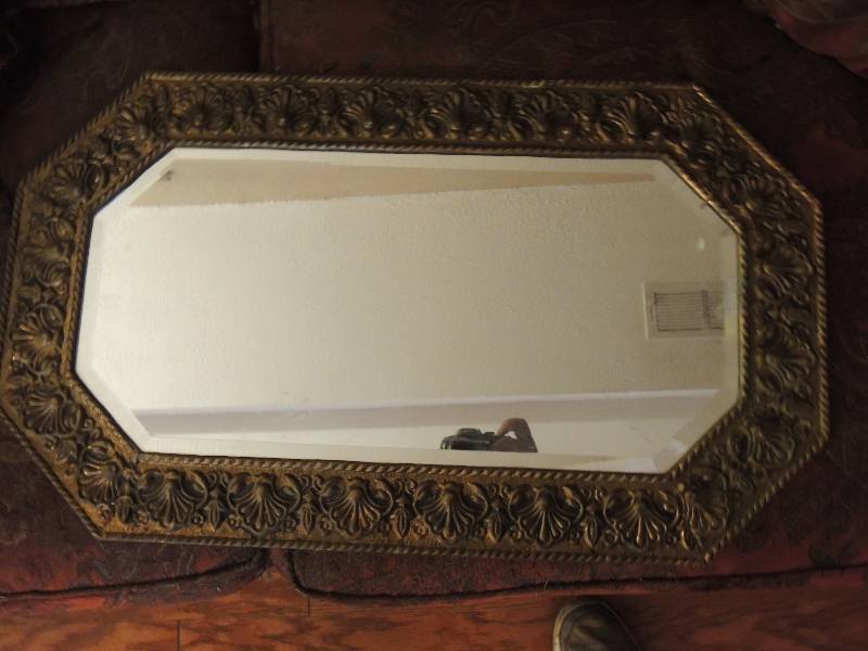 lot 129 image: Vintage beveled mirror with oxidized brass frame 29x17