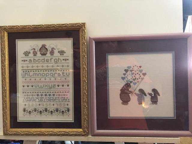 lot 5 image: 2 needlepoint ABC123 with poem F 17x13 12 and Heart Balloons F 15x15