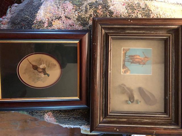 lot 11 image: 2 pieces  - a) Gudge A.   Watercolor 1981 Phesant F 8x10       b) Shadow box of Native American. Contains feather, Arrowhead and Turquoise