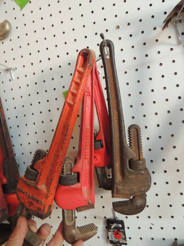 lot 43 image: Pipe wrench- Ridgid 14 inch, Craftsman 14 inch, Pittsburg 14 inch and Pittsburg 12 inch