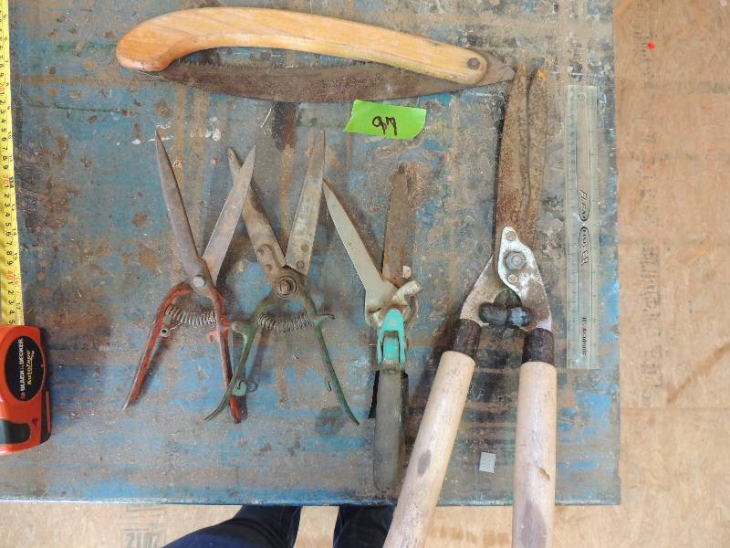 lot 97 image: 4 grass clippers and folded saw 14 blade