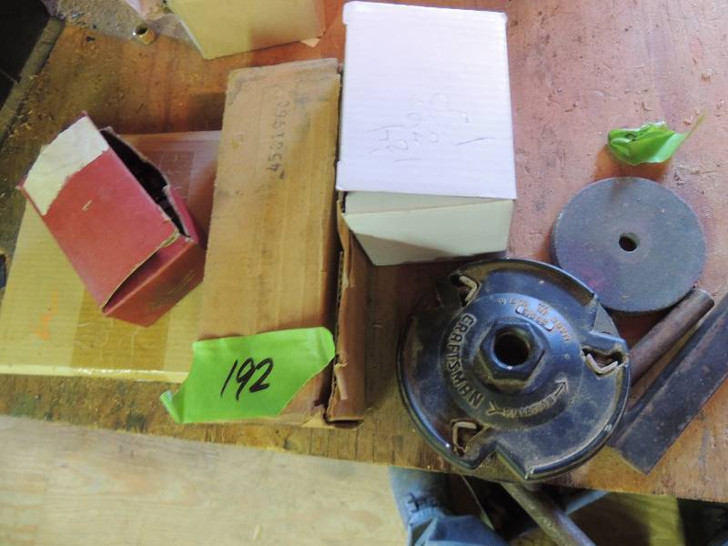 lot 192 image: Screws, bolts, washers, plug in transform grinder wheels x 3 and knife setting gage
