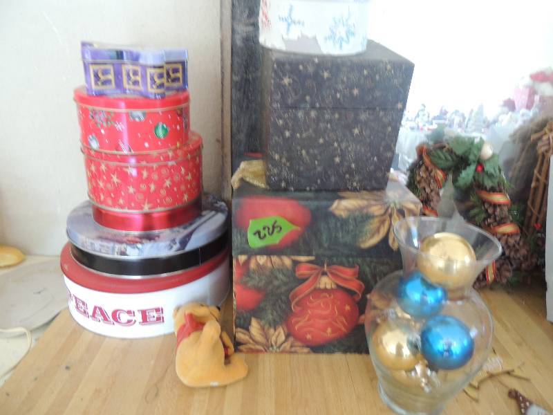 lot 225 image: 3 boxes within boxes, vase of glass ornaments, Christmas tins and candelabra