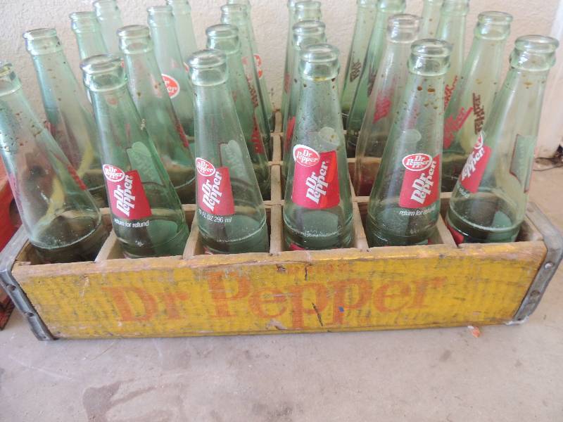 lot 265 image: Yellow Dr. Pepper crate marked Dublin TX contains 24 DP bottles 3 logos
