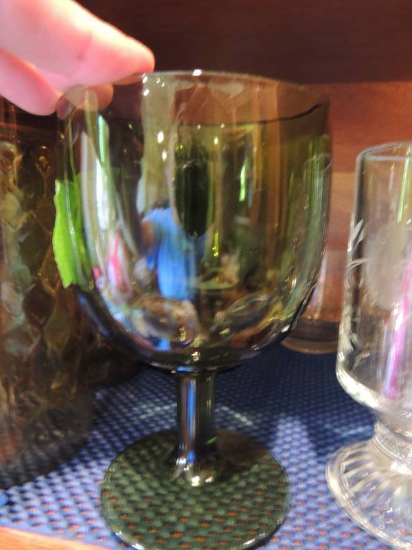 lot 296 image: 2 wine glasses,3 amber bubble glasses