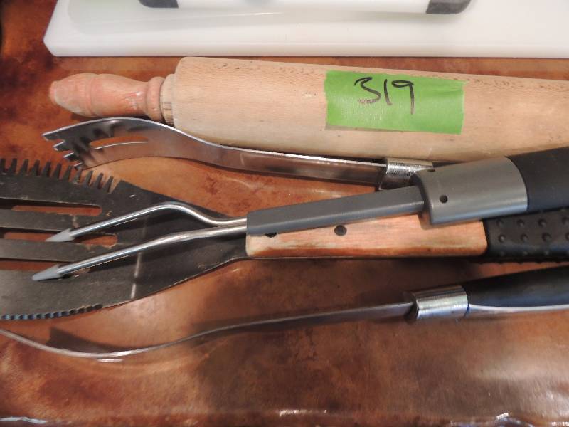 lot 319 image: Rolling pin with red handles, BBQ utensils