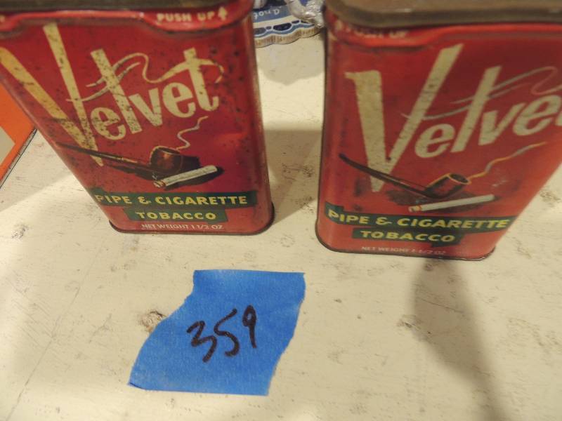 lot 359 image: Collectable VELVET tobacco tins,  Blue heart wooden bowl,  tile plate and more