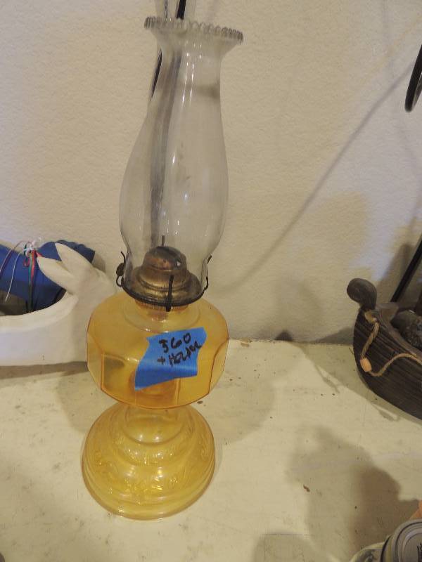 lot 360 image: Antique OIL LAMP YELLOW WITH WOODEN HANGER