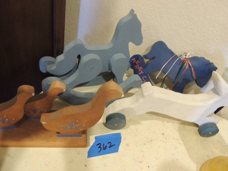 lot 362 image: wooden ducks, hare on wheels and rocking horse xmas 1992