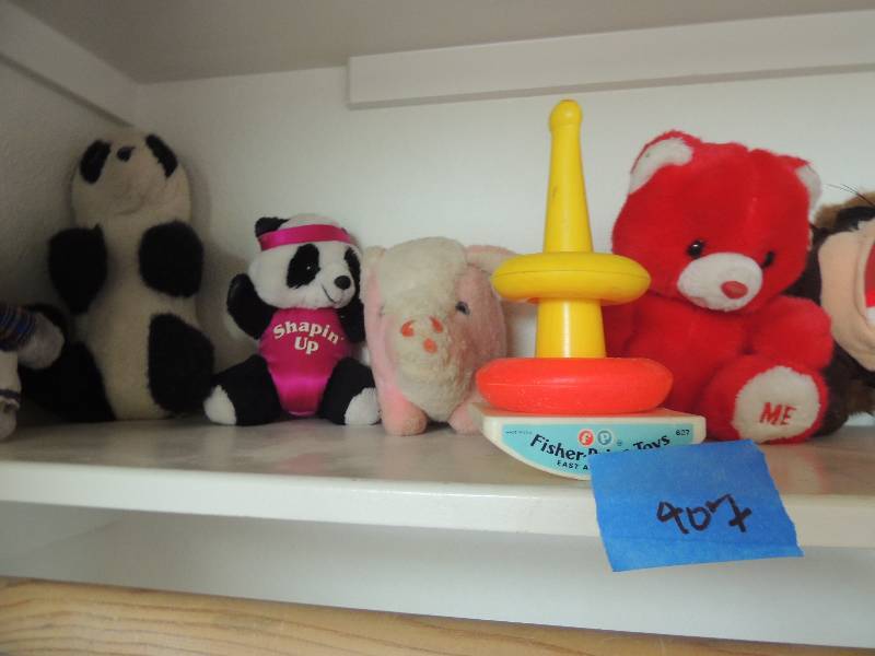 lot 407 image: 12  stuffed toys,  2 Fisher Price, 1 squeaky toy