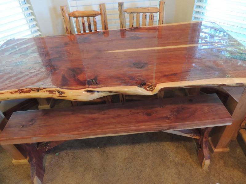 lot 276 image: Cedar DINING Table Hand Crafted  - One of a kind   71x32x31   HAND CRAFTED  Chairs  QTY 4 , ONE CUSTOM BUILT BENCH 57x9 12x20. Must see to appreciate