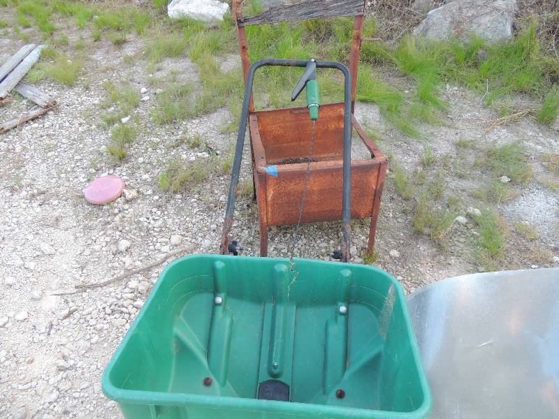 lot 496 image: Scotts spreader, old metal school desk missing  seat