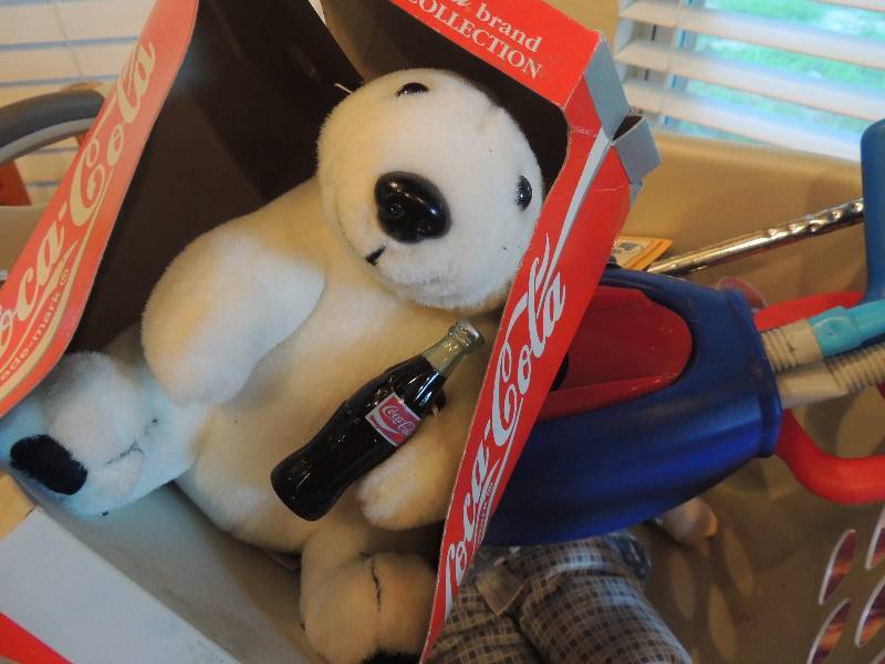 lot 520 image: Laundry basket of toys and a Coca-Cola bear NIB