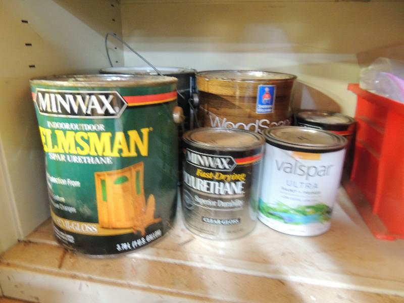 lot 150 image: 3 gallons  Polyurethane wood clear base, deck over x 3 small primer ultra, gloss and wood finish - partial cans
