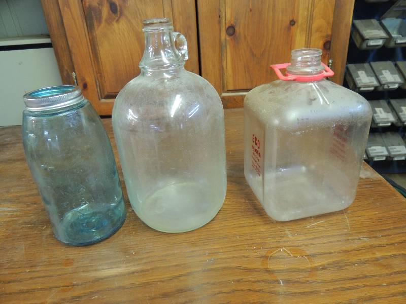lot 244 image: Blue QT. Mason jar , clean gallon jug Plastic ECO milk jugs
