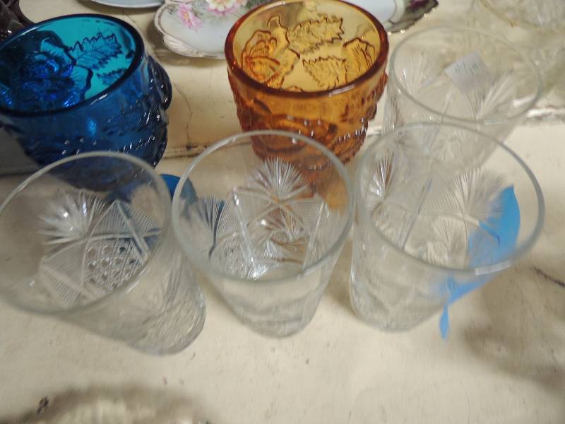 lot 377 image: 4 diamond cut crystal glasses and yellowblue goblets