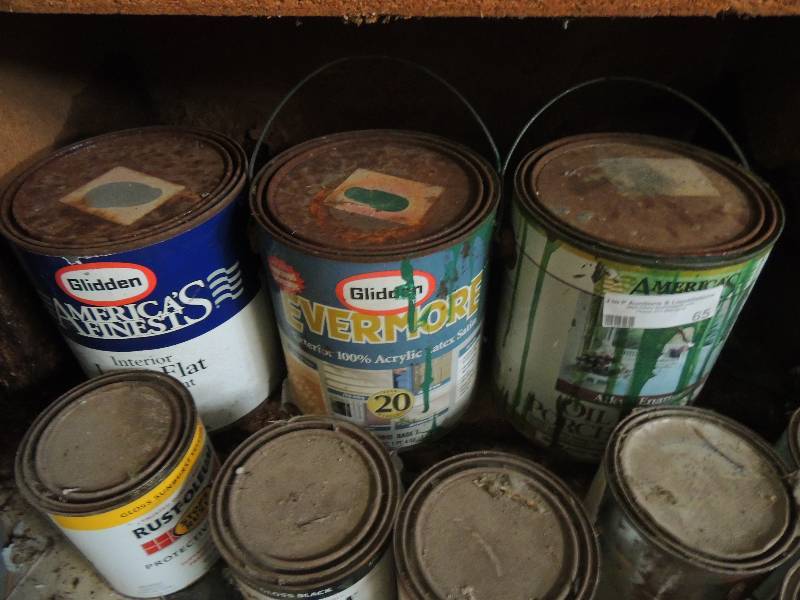 lot 65 image: 3 large cans of paint and 6 small cans of paint
