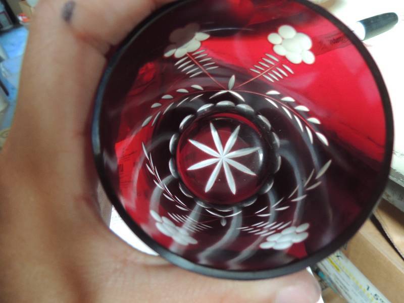 lot 395 image: Ruby red cut to clear Romanian crystal decantor & cup