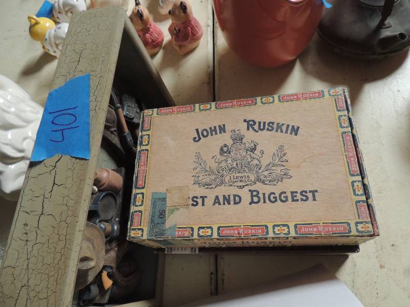 lot 401 image: Western shadow box,  Garcia Vega cigar box and John Ruskin cigar box