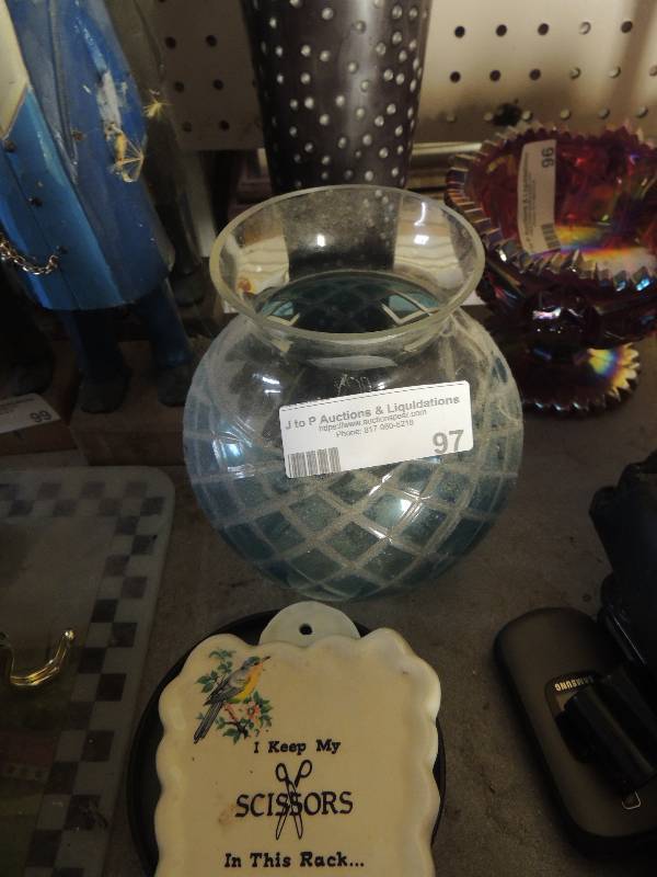 lot 97 image: Glass wall hanger I keep my scissors  glass and blue vase