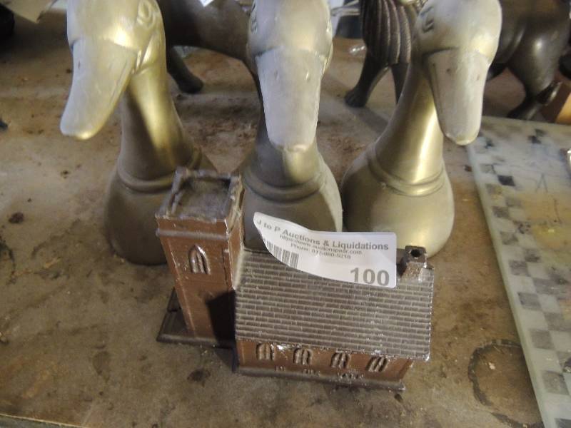 lot 100 image: Little metal church bank and 3 BRASS DUCK HEADS