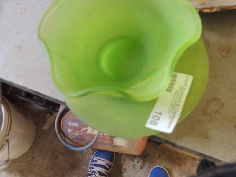 lot 108 image: Raymond waiters plate, small green glass bowl with m, and plate crystal candy dish with lid