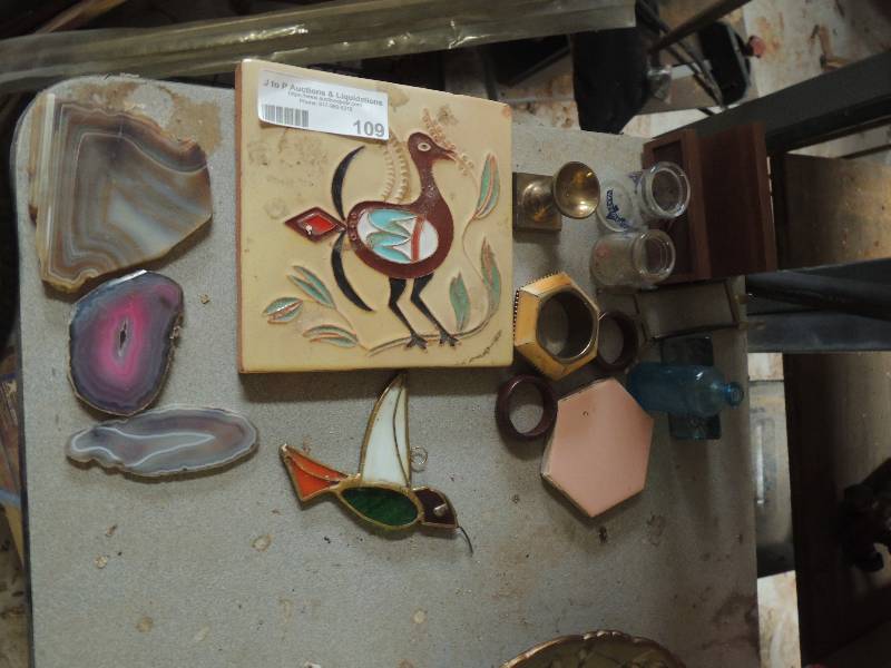 lot 109 image: Pablita Velarde Plaque, mini bordon, painted rocks and blue jug