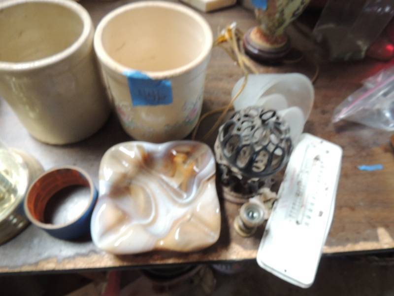lot 446 image: Flower canister 3 shot glasses lamp covers metal mag scope marble ashtray