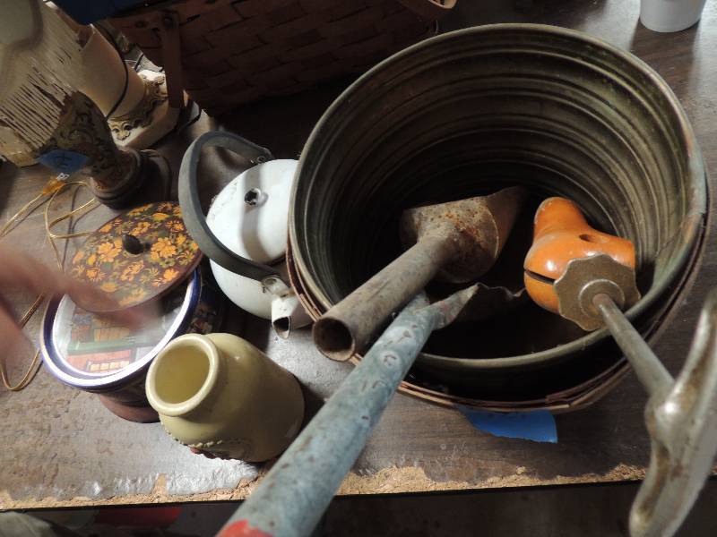 lot 461 image: Brass bucket, wooden basket and shoe streacher