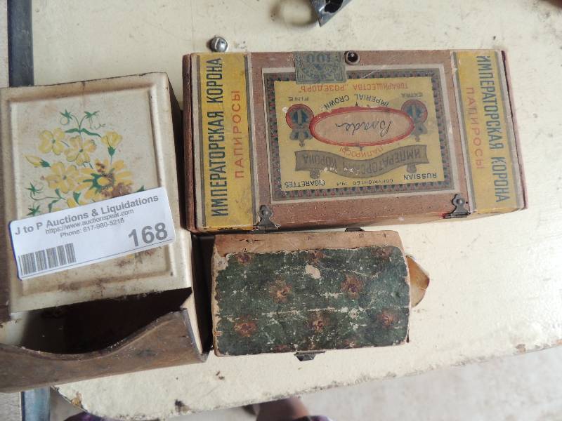 lot 168 image: Imperial Grown cigars box, metal flowers mail holder and small chest with latch .