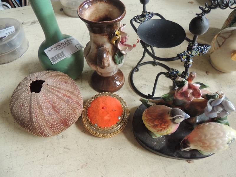 lot 171 image: Royal Heager vase, pin cushion, ben ricket shell and decorative stand