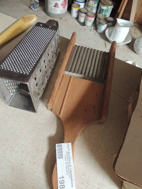 lot 198 image: 2 wooden cheese slicers and 1 metal grater