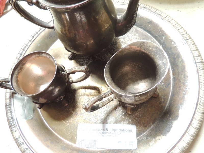 lot 215 image: silver platter silver tea kettle and 2 small silver cups
