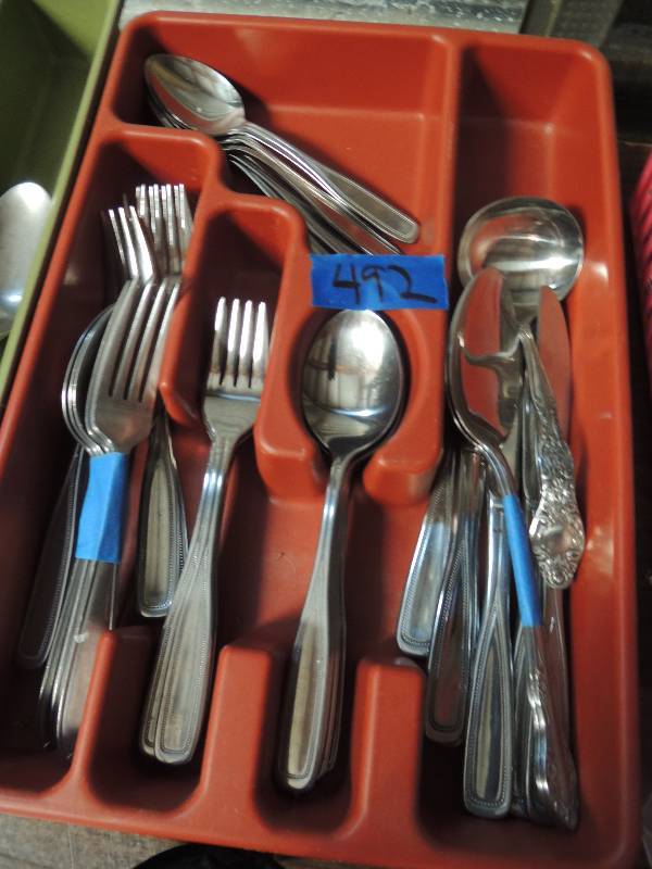 lot 492 image: Red silver tray with Northland Stainlee Steel set
