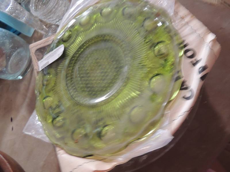 lot 239 image: Emeral green platter,  AMBER star platte, CLEAR GLASS cake plate and clear platter
