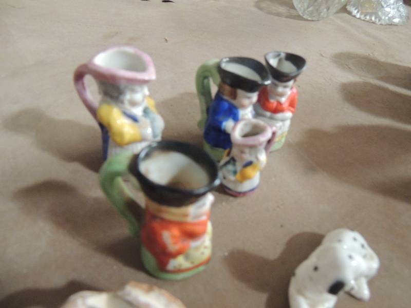 lot 260 image: 5 Toby mugs 2 inches tall x 4  one is 2 inches tall made in Japan ,   Myon Pottery water jug