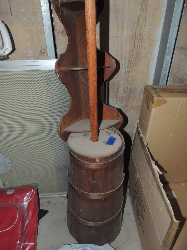 lot 595 image: Vintage wooden butter churn and corner wall shelf