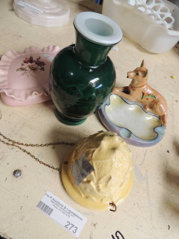 lot 273 image: Wolf candy dish, Green vase, pink jewelry holder, Hanging acorn - MCCOY