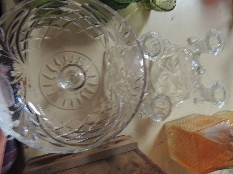 lot 308 image: 2 crystal candle holders and stemmed candy dish