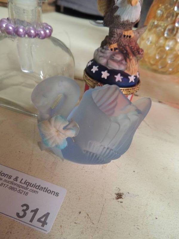 lot 314 image: Eagle USA trinket box blue glass dove and empty perfume bottle