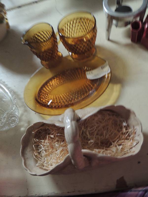 lot 329 image: Glass flower basket, brown blown glass creamer dish and plate