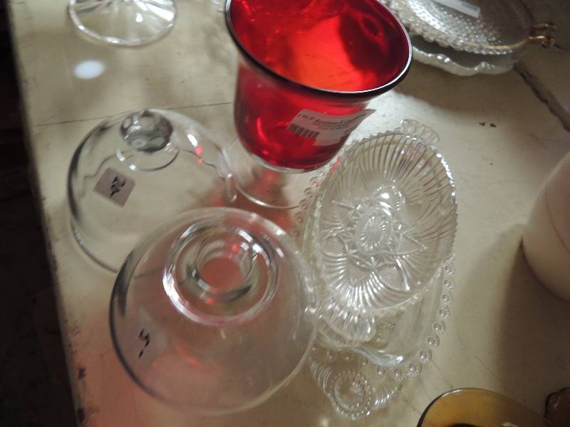lot 331 image: red vase, 2 butter dishes and a clear canister