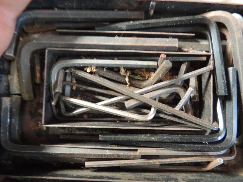 lot 722 image: W.C. Perry wooden toolbox small metal box several allen wrenches