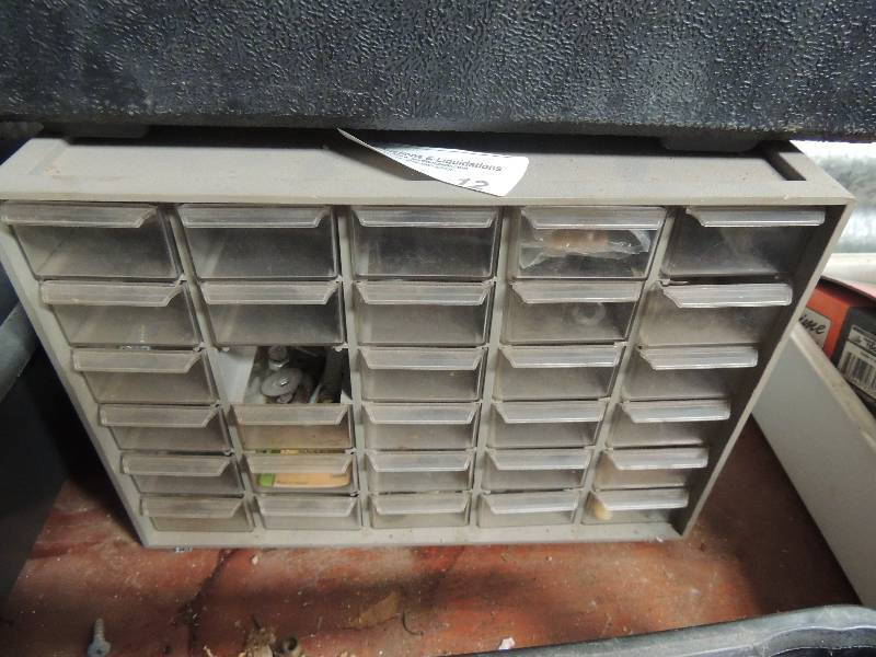 lot 12 image: Gray screw cabinet with various screws bolts etc.