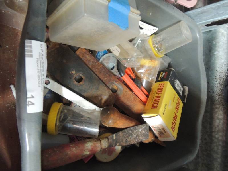 lot 14 image: Gray tub full of scrapers, files, clips and screws