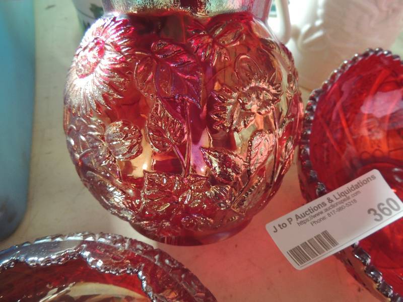 lot 360 image: Red carnival glass - 3 bowls one with flower top