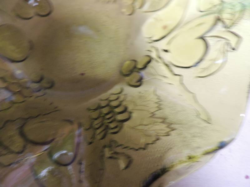lot 347 image: Green glass fruit bowl, pink canister and clear vase
