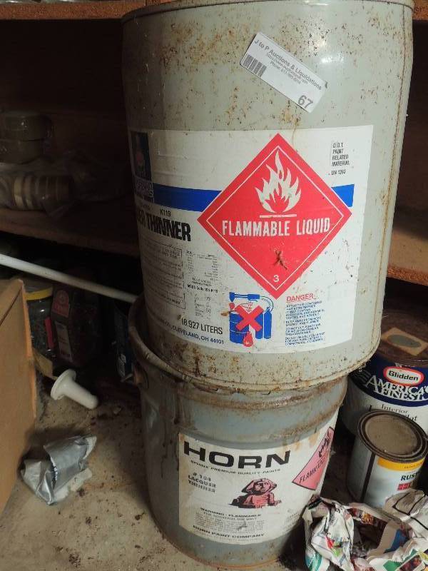lot 67 image: 2 lacquer thinner and 5 gallon drums